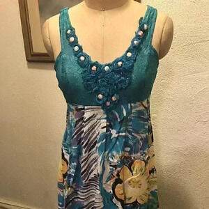 Farinelli Turquoise Flower and Lace Sun Dress 100% Cotton Size Small